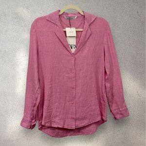 Zara Pink 100% Linen Oversized Women's Long Sleeve Button Down Top NWT- Size XS